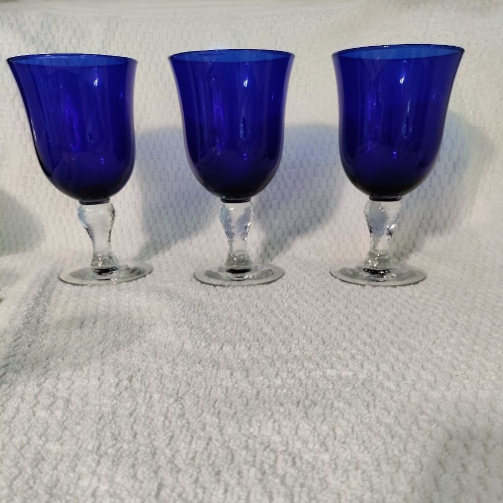 Set of 3 Libbey Glass Co. Martello Cobalt Blue Water Goblets 7"